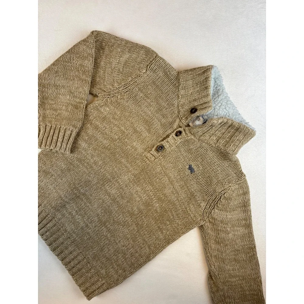 Carters Boys Sweater Size 5 Beige Knit Sherpa Collar Button Up Pullover‎